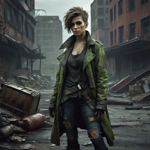 Fallout inspired, post-apocalyptic, female Ghoul, worn-out clothing, tattered brown coat, ripped jeans, combat boots, messy short hair, greenish skin tone, glowing eyes, scar above eyebrow, radiation 