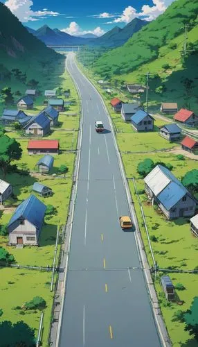 Create an image for me of a wide highway from the 1990, with some cabins, dirt roads on the side and in the background a large gray cast
,road,shinbo,mountain road,roads,racing road,teshima,higurashi,