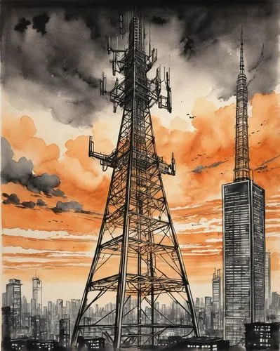 Modern LTE cellular tower, sleek metallic structure, towering above, urban cityscape, skyscrapers in the background, sunset with warm orange hues, dramatic clouds, low-angle shot, strong shadows, deta