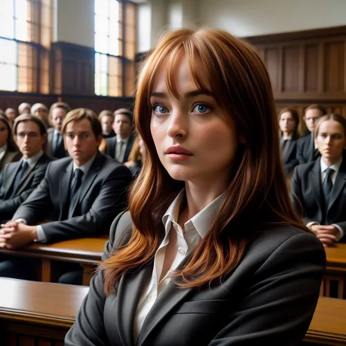 Dakota Johnson 21 yo, inquisitive expression (Nikon PC 35mm f2.8),jury,the girl's face,detention,barrister,clary,lecture hall,the stake,private school,school uniform,lawyer,hitchcock,class room,attorn