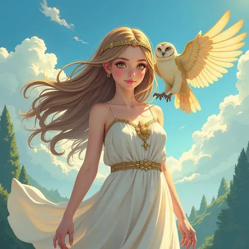 Teenage Girl, Athena, greek goddess, owl flying around her, following the owl with her view, flowy hair, natural tunes of colour,a painting of a girl with an owl on her shoulder,anjo,angel,owl backgro