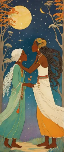 Write a heartwarming story about two long-lost friends reuniting at a joyous Mesiba celebration.,sun and moon,indigenous painting,bough,capricorn mother and child,the moon and the stars,khokhloma pain