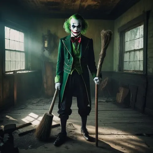 Joker-inspired nutcracker, standing, menacing posture, creepy smile, pale skin, green hair, red lips, black eyeliner, clown-like makeup, torn and tattered clothing, oversized bow tie, holding a giant 