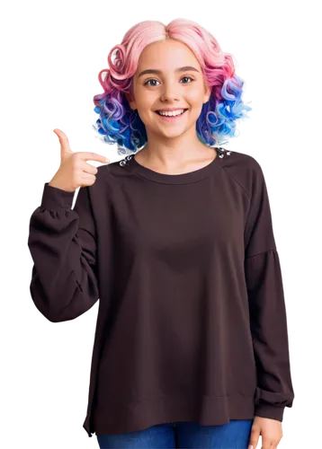 Cute cartoon character, holding a T-shirt, smiling face, big shiny eyes, colorful hair clips, casual posture, relaxed arms, plain white background, 3/4 composition, soft natural light, warm color tone