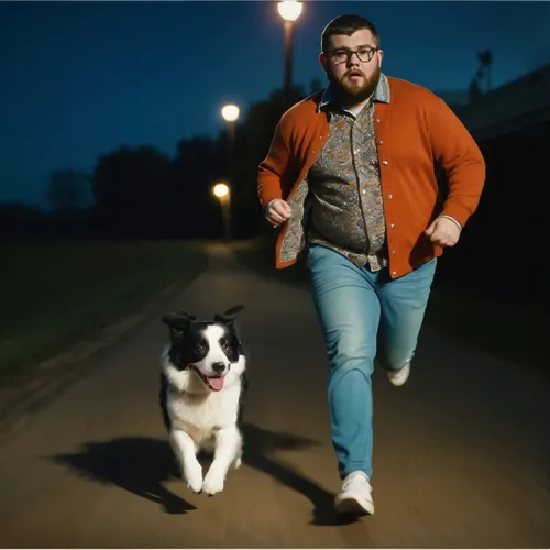 a man walking next to a white and black dog,fromong,temmerman,runyonesque,timmermans,kormos,prenomen