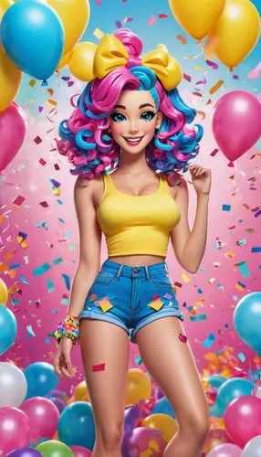 Lisa Frank inspired cartoon character, colorful hairstyle, bright pink hair clips, shiny blue eyes, sweet smile, freckled cheeks, casual wear, yellow tank top, high-waisted denim shorts, white sneaker