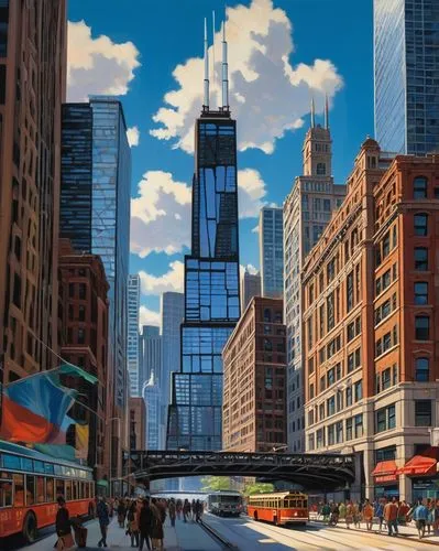 metra,chicago,willis tower,chicago skyline,skyscrapers,cta,sears tower,kimmelman,chicagoan,financial district,scrapers,cityscape,skycraper,metropolis,hancock,city scape,manhattanite,ciudad,richter,urban,Conceptual Art,Oil color,Oil Color 04