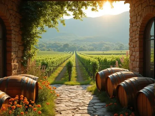 Wineries, rural landscape, vineyard, rolling hills, lush green grasslands, wildflowers blooming in vibrant colors, wooden wine barrels, rustic stone walls, earthy tone buildings, natural light pouring