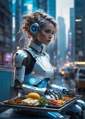 cyborg,women in technology,ai,artificial intelligence,valerian,cyberpunk,chef,symetra,io,chatbot,cybernetics,chat bot,social bot,girl in the kitchen,uber eats,futuristic,food and cooking,appetite,diner,digital compositing,Illustration,Paper based,Paper Based 13