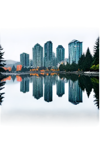 Vancouver cityscape, modern skyscrapers, glass towers, reflective windows, foggy morning, misty atmosphere, Stanley Park trees, seawall, English Bay, Granville Island, mountain range, soft focus, warm