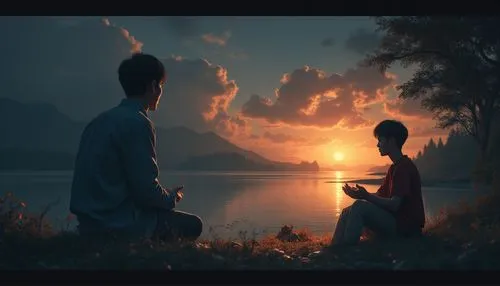 two people sitting on the ground in front of the sunset,kupala,meditators,dhamma,ugetsu,the night of kupala,vishishtadvaita