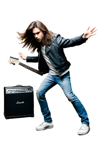 Electric guitar, rock music, solo performance, spotlight center stage, energetic pose, long hair flowing in wind, black leather jacket, ripped jeans, Converse shoes, Marshall amplifier, microphone sta