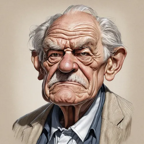 Draw a caricature of a grumpy old man,elderly man,elderly person,pensioner,old man,old person,old age,vector illustration,older person,digital painting,geppetto,man portraits,world digital painting,po