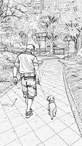 a man, with a dog, simple line art, simple back ground, anime,a person walks his dog down the sidewalk near trees,walkin,running dog,walk,stroll,two running dogs,walking dogs,Design Sketch,Design Sket