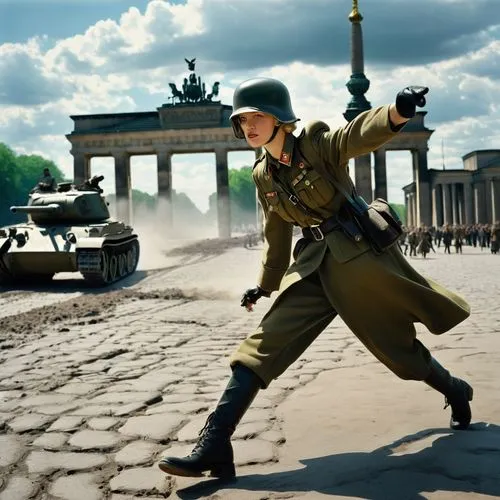 A gorgeous female Volkssturm soldier with German Stahlhelm has a mid-sand-yellow Panzerfast in her hands, aiming to a Rusian green T-34 Tank  rolling in the vicinity of the Berliner Brandenburger Tor 