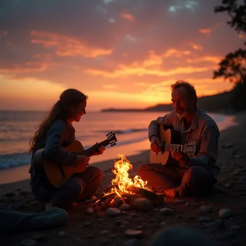 Full body immagine of a young woman with brown hair and a mature man enjoying playing chitarre sitting around a fire on the beach,sunset with thousand colors in the sky,a couple playing guitar on the 