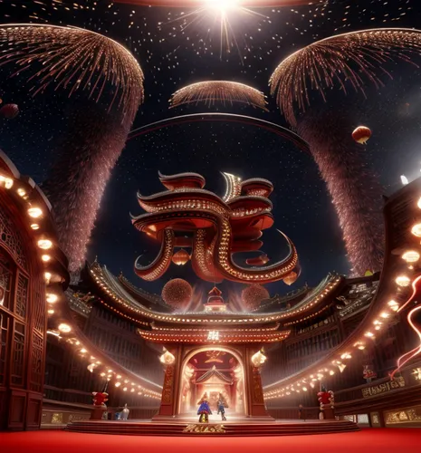 buddha tooth relic temple,circus stage,hall of supreme harmony,taiwanese opera,theater of war,peking opera,theater curtain,stage curtain,crown render,ringmaster,circus,chinese temple,chinese dragon,movie palace,dragon palace hotel,radio city music hall,theatrical scenery,digital compositing,stage design,chinese horoscope