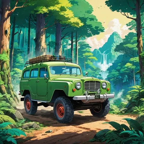 toyota land cruiser,cj7,land rover series,land-rover,jeep,toyota fj cruiser,willys-overland jeepster,jeep wagoneer,safari,land rover,willys jeep,cartoon video game background,jeep cj,jeep rubicon,land rover discovery,forest background,travel poster,defender,retro vehicle,land rover defender,Illustration,Japanese style,Japanese Style 03