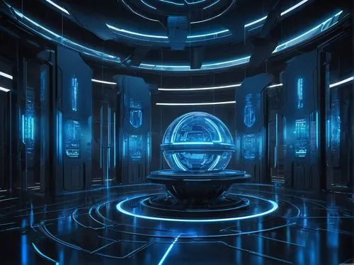 Futuristic prime AI architecture, sleek metallic exterior, neon blue accents, intricate circuitry patterns, holographic interfaces, glowing blue lines, spherical core, complex geometric structures, mi