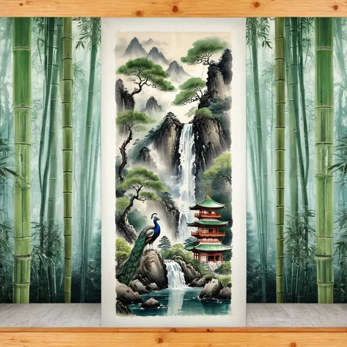 Bamboo forest backdrop, poster with mechanical and technical schematics on light white blueprint paper, illustration drafting style, dark fantastic themes, red lines print drawing, watercolour printed