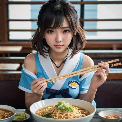 1girl, bare shoulders, bowl, chopsticks, food, indoors, jewelry, necklace, noodles, off shoulder, photo \(medium\), ramen, sitting, solo, striped,noodle image,chopstick,noodle bowl,japanese noodles,so