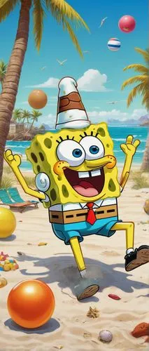 Shrivelved SpongeBob, yellow skin, porous body, excited facial expression, blue eyes, white shirt, brown square pants, Krusty Krab hat, sitting, beach, sunny day, clear blue sky, palm trees swaying ge