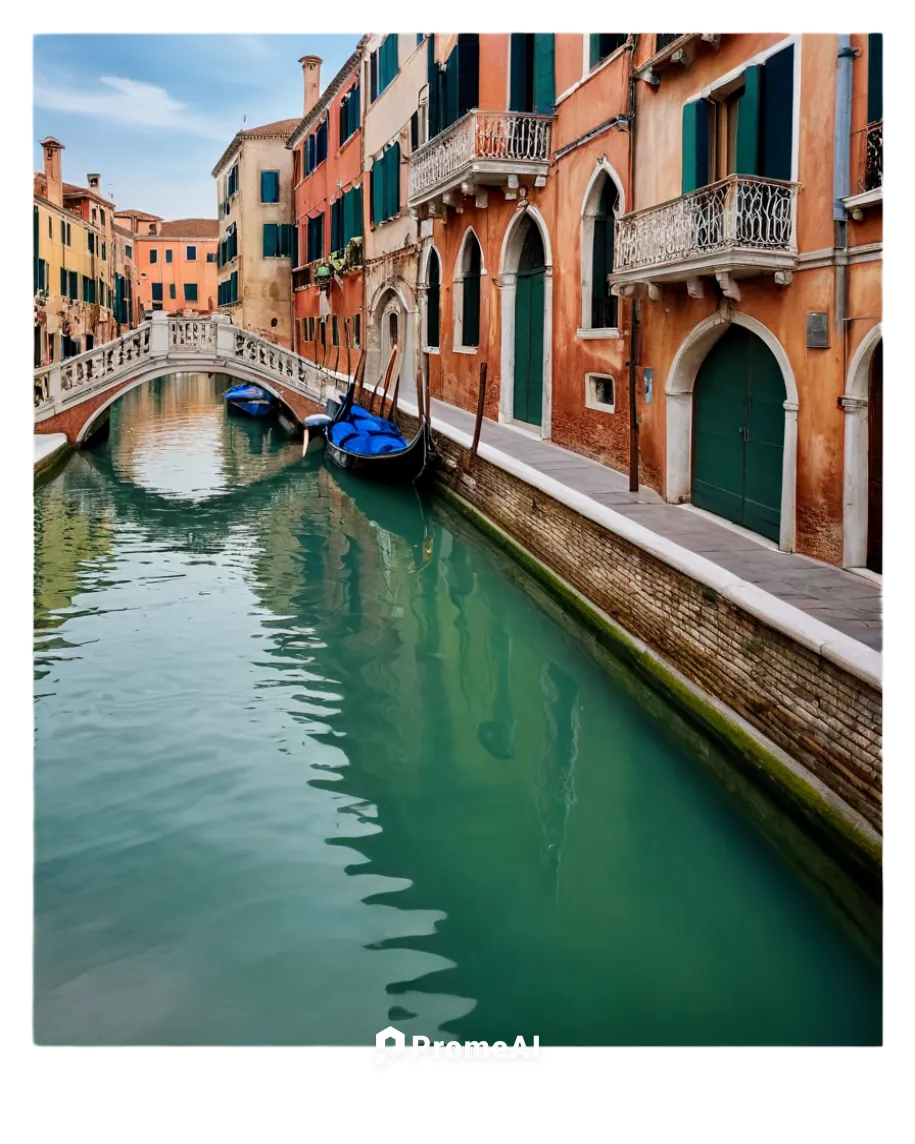 Canal, Venetian architecture, calm water, ornate bridges, historic buildings, balconies with flowers, stone pavement, gondola, sunny afternoon, soft lighting, panoramic view, high dynamic range, detai