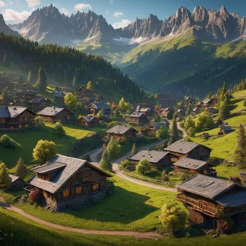 alpine village,mountain village,alpine pastures,oberland,mountain settlement,alpine region,the alps,alpine landscape,mountain huts,alps,high alps,alpes,mountain valley,elves country,dolomites,swiss alps,south tyrol,tyrol,landscape mountains alps,escher village,Photography,General,Sci-Fi