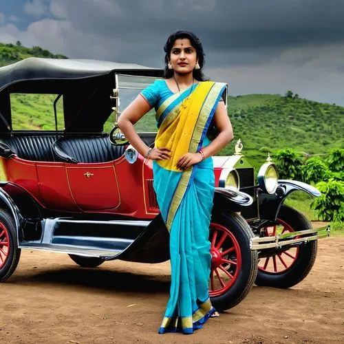 Renuka Chouhan as Amrita Kumaran standing in front of 1900 model ford car,padmini,varalakshmi,vijayalakshmi,rajalakshmi,suvarna,draupadi,sucharita,rajakumari,jayalakshmi,bhanupriya,shailaja,vanaja,suh