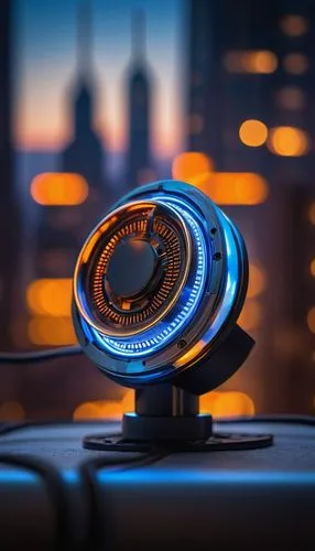 Futuristic plug, metallic material, sleek design, circular body, glowing blue LED lights, intricate circuitry details, urban skyscraper background, cityscape at sunset, warm orange lighting, shallow d