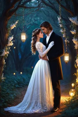 fairytale,romantic portrait,romantic scene,a fairy tale,fairy tale,flightless bird,wedding photo,fantasy picture,wedding couple,magical moment,enchanted,fairytales,wedding frame,bride and groom,love in the mist,fairy tales,wedding photography,lights serenade,tangled,beautiful couple,Illustration,Realistic Fantasy,Realistic Fantasy 24