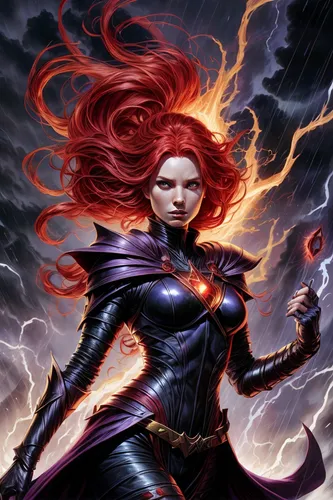 fiery,starfire,fire siren,scarlet witch,black widow,evil woman,sorceress,solar,fantasy woman,lightning,fire angel,wall,dodge warlock,cg artwork,renegade,lightning storm,flame of fire,medusa,archangel,