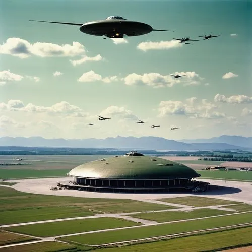 An aerial view of a German airfield during World War II, with a sunny sky adorned with contrails from U.S. B-17 bomb aircraft. At an altitude of 30,000 feet, 15 accurate, authentic true silhouettes of