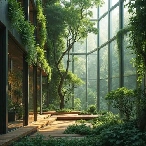 Green architecture, modern building, glass facade, steel frame, lush green walls, vertical garden, natural light, calming atmosphere, urban oasis, cityscape, busy street, contrast between nature and c