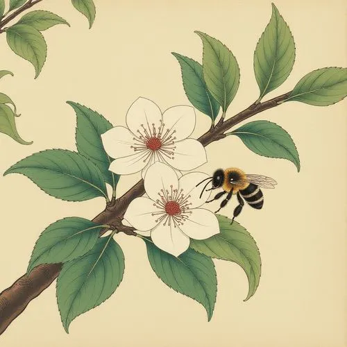 illustration of the flowers,prunus domestica,silk bee,virginiana,foliosa,illustration