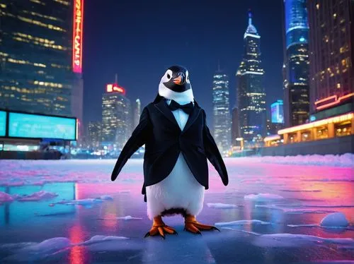 Neon-lit icy landscape, cute penguin, solo, (10yo), shiny black eyes, beak, flippers, tuxedo-like feathers, bow tie, top hat, holding a cane, standing on one leg, city night, skyscraper, billboard, ne