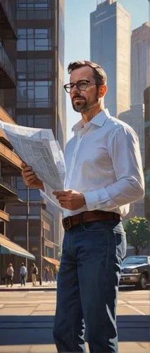 middle-aged, male, architectural engineer, solo, (40yo), bespectacled, short brown hair, casual beard, white shirt, dark blue jeans, black belt, brown loafers, holding blueprints, standing, urban, cit