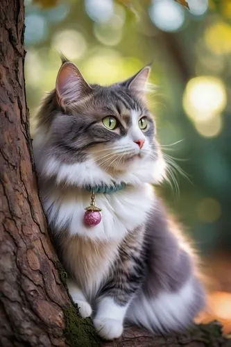 Whimsical shady cat, solo, (4yo), cute detailed eyes, pink nose, fluffy grey and white fur, sparkly collar with tiny bell, sitting, leaning on tree trunk, forest, sunny afternoon, warm light filtering