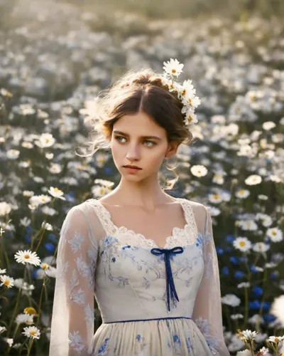 BLONDE WOMAN IN THE FIELD OF FLOWERS DAISY WITH A RADIANT SUN, LONG CURLY HAIR, DRESSED WITH BLUE AND WHITE FLORAL NECKLINE,,girl in flowers,meadow daisy,enchanting,beautiful girl with flowers,flower 