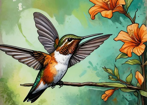 Write a poetic description of a female rufous hummingbird in a serene garden.,rufous hummingbird,flower and bird illustration,hummingbird,rufous,humming bird,male rufous hummingbird,humming birds,bird