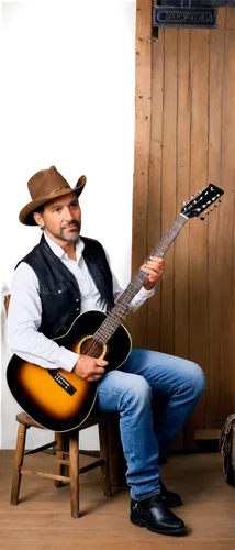 Western, cowboy, solo, guitar player, middle-aged man, rugged face, worn leather boots, faded denim jeans, white shirt with black vest, brown cowboy hat, holding acoustic guitar, sitting on wooden cha