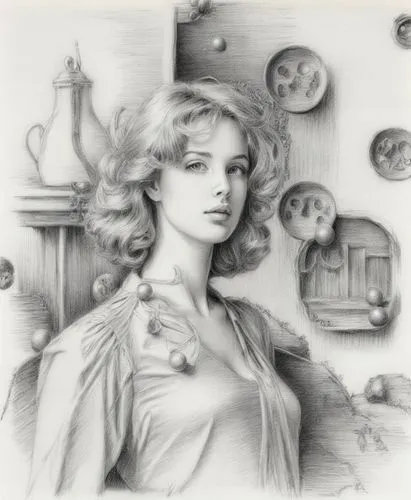 an image of a woman with her hand on her hip,antinous,pencil drawings,dione,peignoir,clytie,cybele,Illustration,Black and White,Black and White 30