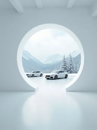 White circular portal in the center of an empty room with cars inside and snowy mountains outside with cinematic lighting, minimalist style, virtual reality experience concept, white interaction, whit