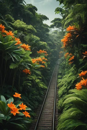 railroad trail,tunnel of plants,tropical jungle,tropical bloom,lilies of the valley,plant tunnel,forest path,rainforest,wooden track,rail way,railway track,rain forest,greenforest,railroad,tropical flowers,forest road,pathway,tropics,jungle,rail road,Photography,Documentary Photography,Documentary Photography 19