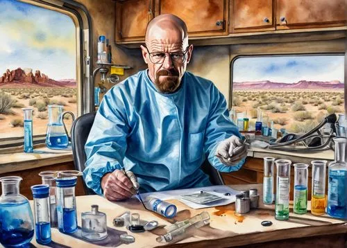 breaking bad,painting technique,chemist,glass painting,scientist,biologist,meticulous painting,fish-surgeon,dahl,apothecary,laboratory,sci fiction illustration,cartoon doctor,dr,microbiologist,chemical laboratory,man with a computer,veterinarian,medical icon,medical illustration,Illustration,Paper based,Paper Based 24