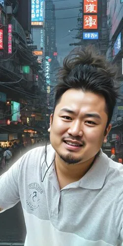 an asian man is standing with his back turned to the camera,harada,sityodtong,jinwei,kimbundu,gangnam,gudeok,Male,East Asians,Top Knot,XXL,Outdoor,Cyberpunk City