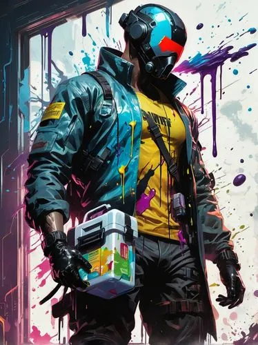 cyberpunk,detonator,electro,mute,welding helmet,atom,kryptarum-the bumble bee,construction helmet,renegade,sledge,bomber,80's design,80s,spacesuit,sci fiction illustration,pilot,welder,operator,scifi,game art,Conceptual Art,Graffiti Art,Graffiti Art 08