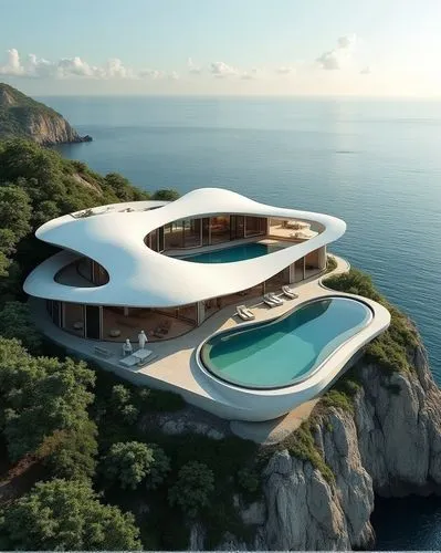 image of a futuristic two-story house with aerodynamic, organic shapes, situated on a cliff with an infinity pool, overlooking the sea in a tropical climate, surrounded by lush native vegetation. ,a f