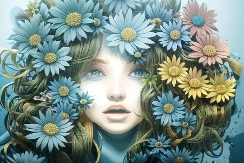 girl in flowers,flower art,blue petals,flower wall en,beautiful girl with flowers,flower painting,girl in a wreath,blue flower,forget-me-not,flora,blue daisies,blue flowers,blooming wreath,forget-me-nots,wreath of flowers,flowers celestial,forget me not,flower fairy,flowers png,falling flowers