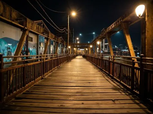 Rustic pedestrian bridge, industrial backdrop, weathered steel beams, distressed wood accents, urban concrete piers, vibrant graffiti murals, edgy metal railings, reclaimed wood planks, moody nighttim